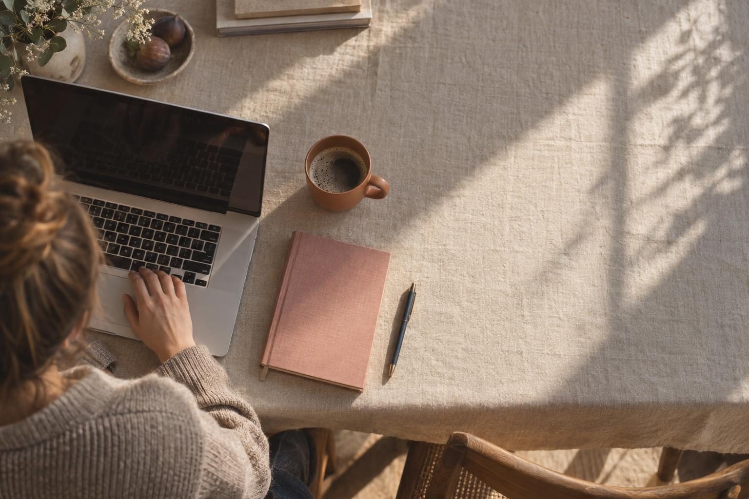 Laptop, Kaffee und Notizbuch auf einem Schreibtisch im Sonnenlicht