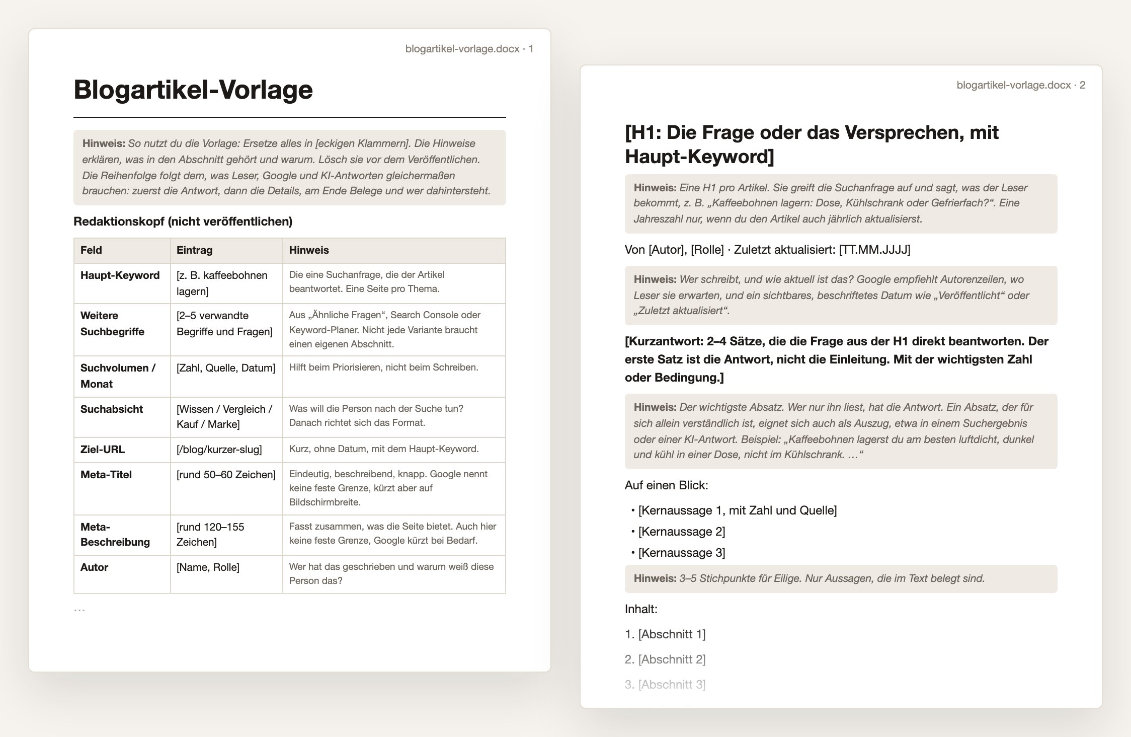 Blogartikel-Vorlage in Word: Seite 1 mit Redaktionskopf (Haupt-Keyword, Suchabsicht, Ziel-URL), Seite 2 mit H1, Autorenzeile, Kurzantwort und grauen Hinweisen